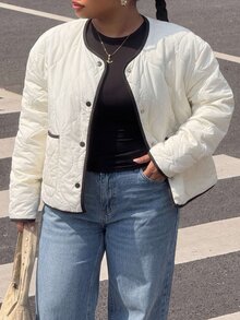 Muchica Plus Size Women's Colorblock Casual Versatile Long Sleeve Jacket For Daily Wear Winter - White - View 3