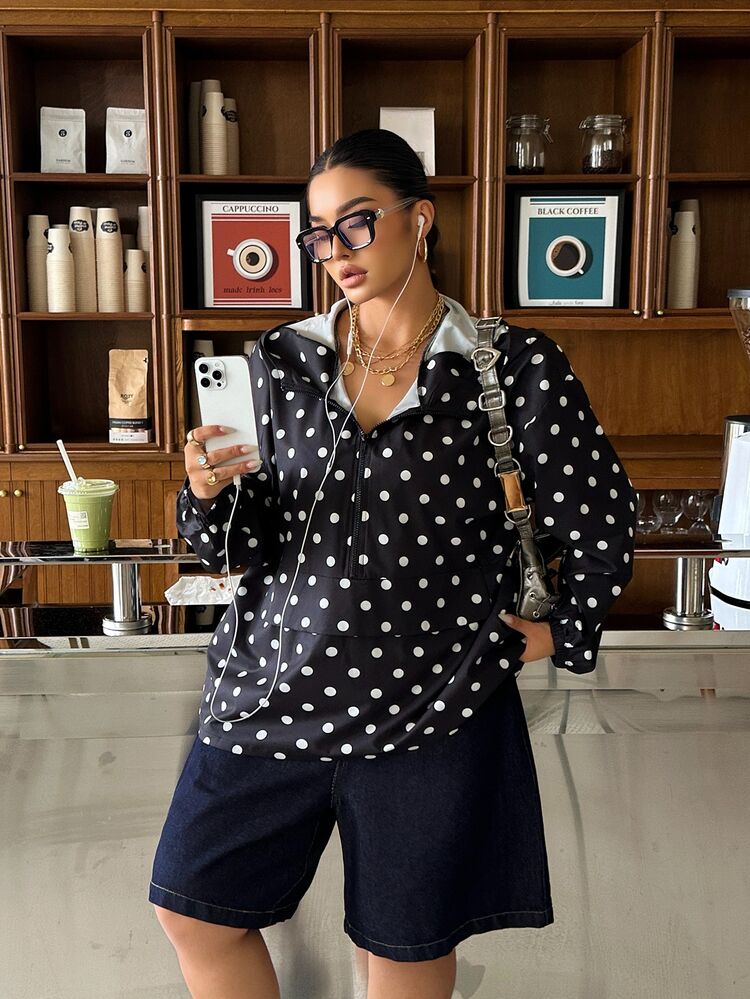 Muchica Plus Size Fashion Street Polka Dot Print Long Sleeve Zip-Up Hooded Jacket Fall - Black and White - View 4