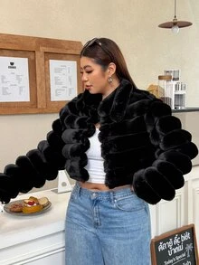 Muchica Plus Size Women's Solid Color Fashion Versatile Winter Faux Fur Coat - Black - View 3