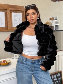 Muchica Plus Size Women's Solid Color Fashion Versatile Winter Faux Fur Coat - Black - View 7