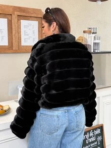 Muchica Plus Size Women's Solid Color Fashion Versatile Winter Faux Fur Coat - Black - View 2
