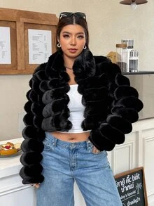 Muchica Plus Size Women's Solid Color Fashion Versatile Winter Faux Fur Coat - Black - View 4