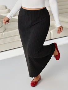Solflare Plus High Waist Ribbed Knit Skirt - Black - View 8