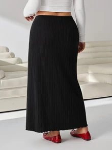 Solflare Plus High Waist Ribbed Knit Skirt - Black - View 3