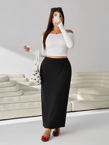 Solflare Plus High Waist Ribbed Knit Skirt - Black - View 5