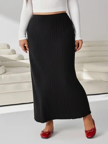 Solflare Plus High Waist Ribbed Knit Skirt - Black - View 7