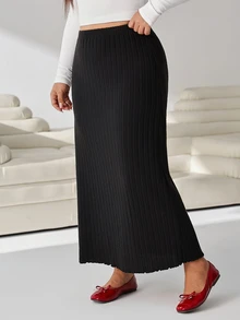 Solflare Plus High Waist Ribbed Knit Skirt - Black - View 4