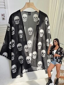 SHEIN EZwear Plus Size Women's Skull Pattern Short Sleeve Loose Fit Cardigan Halloween Summer Goth - Black and White - View 8