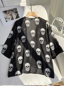 SHEIN EZwear Plus Size Women's Skull Pattern Short Sleeve Loose Fit Cardigan Halloween Summer Goth - Black and White - View 4