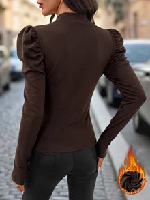 Editum 女款秋冬休閒優雅純色花瓣袖T恤 辦公穿搭 深棕色 - 咖啡棕 - 查看 2