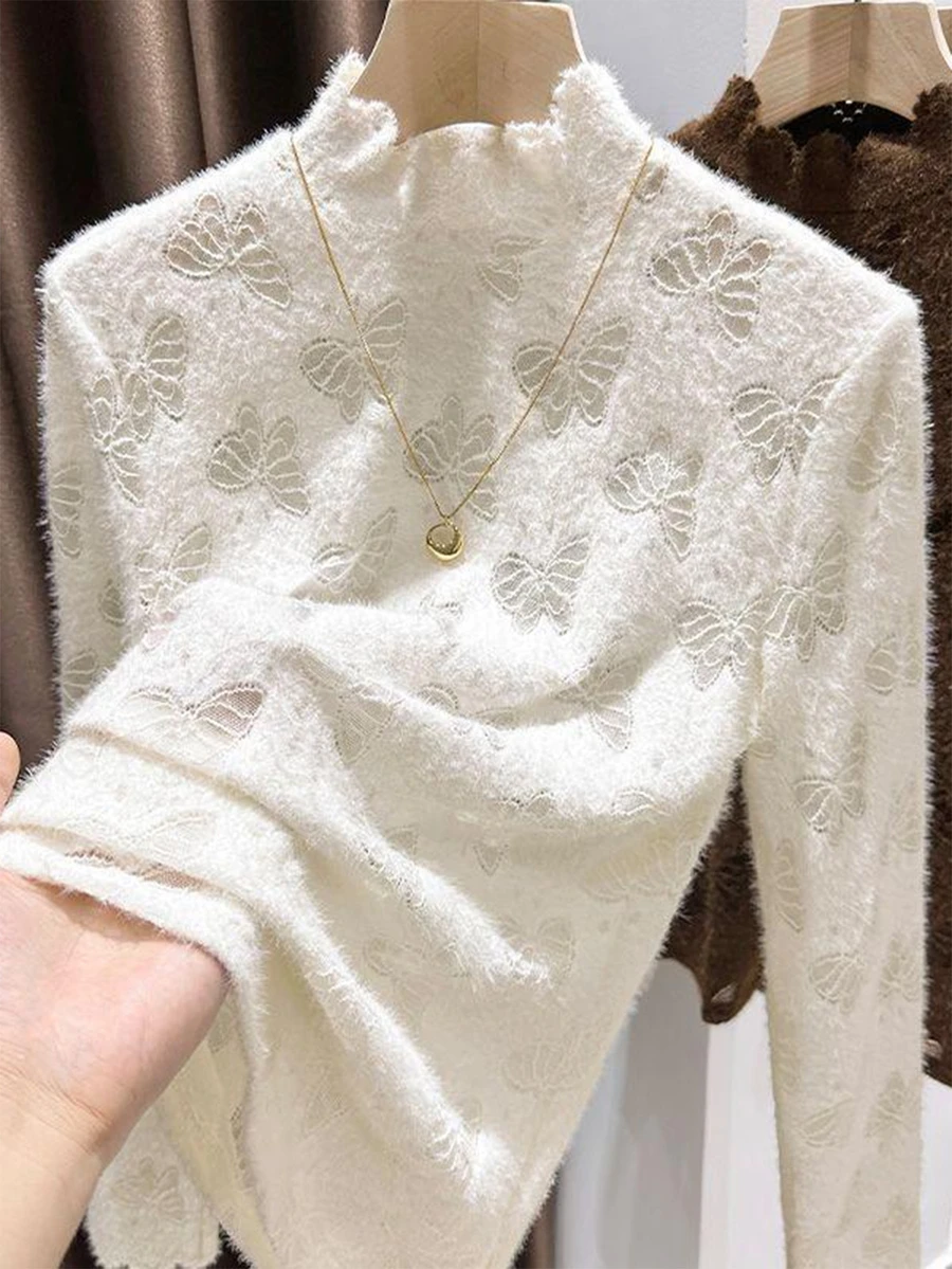 SHEIN Clasi 女款蝴蝶圖案休閒浪漫優雅百搭日常穿著長袖上衣約會白色秋季 - 白色 - 查看 1
