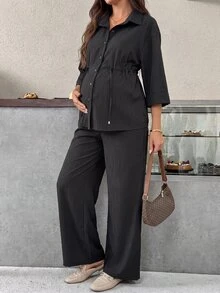 SHEIN Maternity Solid Color 3/4 Sleeve Single-Breasted Shirt And Long Pants Casual 2 Pieces Set Fall - Black - View 5