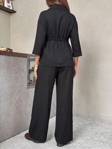 SHEIN Maternity Solid Color 3/4 Sleeve Single-Breasted Shirt And Long Pants Casual 2 Pieces Set Fall - Black - View 3