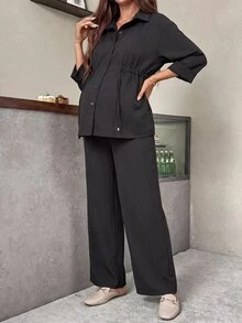 SHEIN Maternity Solid Color 3/4 Sleeve Single-Breasted Shirt And Long Pants Casual 2 Pieces Set Fall - Black - View 4