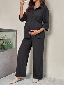 SHEIN Maternity Solid Color 3/4 Sleeve Single-Breasted Shirt And Long Pants Casual 2 Pieces Set Fall - Black - View 1