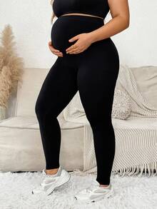 Plussiva Plus Size Maternity Solid Color Casual Daily Wear Sports Long Pants - Black - View 4