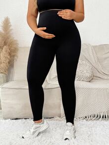 Plussiva Plus Size Maternity Solid Color Casual Daily Wear Sports Long Pants - Black - View 5
