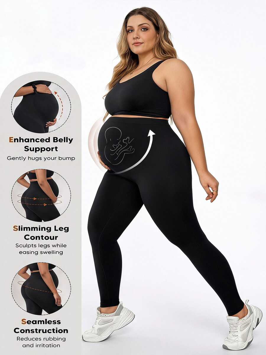 Plussiva Plus Size Maternity Solid Color Casual Daily Wear Sports Long Pants - Black - View 1