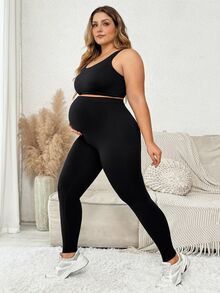 Plussiva Plus Size Maternity Solid Color Casual Daily Wear Sports Long Pants - Black - View 10