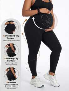 Plussiva Plus Size Maternity Solid Color Casual Daily Wear Sports Long Pants - Black - View 3