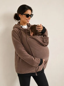 SHEIN Maternity Autumn/Winter Casual Warm Hooded 3-In-1 Jacket Fall - Khaki - View 4