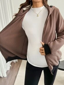 SHEIN Maternity Autumn/Winter Casual Warm Hooded 3-In-1 Jacket Fall - Khaki - View 11