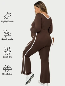 Plussiva Plus-Size Maternity Color-Block Trim Flared Jumpsuit (Autumn Style) – Casual Everyday Wear  Fall/Winter - Brown - View 10