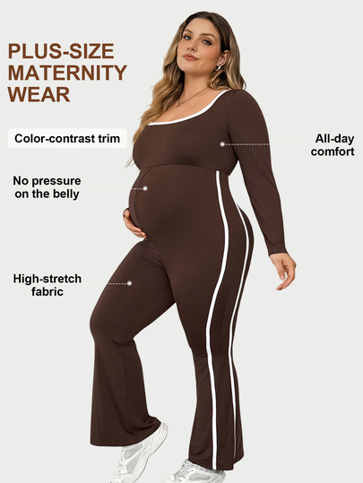 Plussiva Plus-Size Maternity Color-Block Trim Flared Jumpsuit (Autumn Style) – Casual Everyday Wear  Fall/Winter