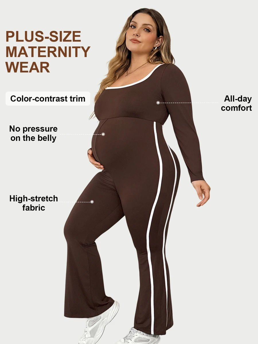 Plussiva Plus-Size Maternity Color-Block Trim Flared Jumpsuit (Autumn Style) – Casual Everyday Wear Fall/Winter - Brown - View 1