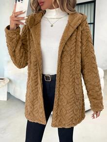 SHEIN Clasi Women's Comfortable Hooded Textured Thermal Lined Zip-Up Jacket - Camel - View 7