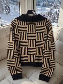 SHEIN Clasi Women's All-Over Print Casual Retro Versatile Daily Wear Cardigan Everyday Travel Black Autumn - Khaki - View 2