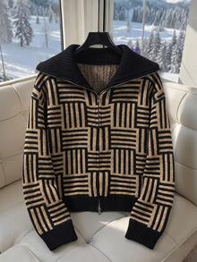 SHEIN Clasi Women's All-Over Print Casual Retro Versatile Daily Wear Cardigan Everyday Travel Black Autumn - Khaki - View 6