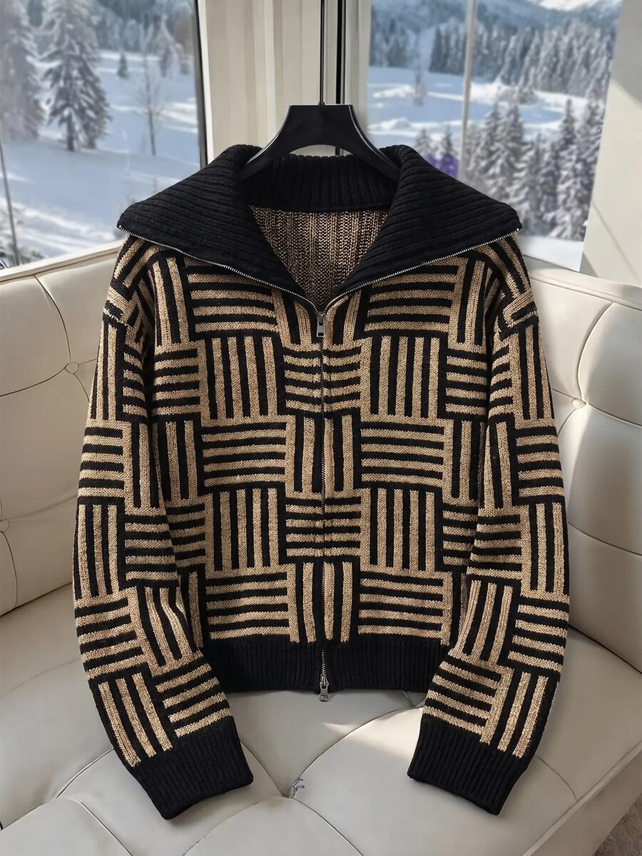 SHEIN Clasi Women's All-Over Print Casual Retro Versatile Daily Wear Cardigan Everyday Travel Black Autumn - Khaki - View 1