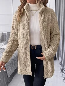 SHEIN Clasi 女款優雅秋冬假領抓絨夾克，休閒極簡風，適合秋冬日常穿著 - 駝色 - 查看 9