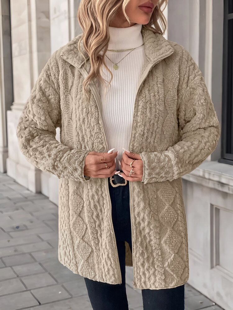 SHEIN Clasi Women's Elegant Autumn/Winter Mock Neck Fleece Jacket, Casual Minimalist Style, Suitable For Daily Wear In Autumn/Winter - Camel - View 6