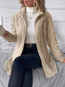 SHEIN Clasi 女款優雅秋冬假領抓絨夾克，休閒極簡風，適合秋冬日常穿著 - 駝色 - 查看 8