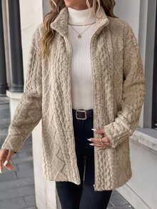 SHEIN Clasi 女款優雅秋冬假領抓絨夾克，休閒極簡風，適合秋冬日常穿著 - 駝色 - 查看 5