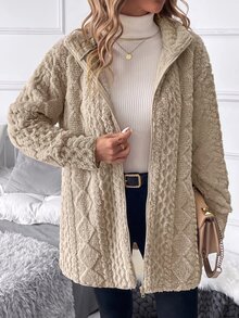 SHEIN Clasi 女款優雅秋冬假領抓絨夾克，休閒極簡風，適合秋冬日常穿著 - 駝色 - 查看 7