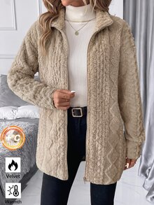 SHEIN Clasi 女款優雅秋冬假領抓絨夾克，休閒極簡風，適合秋冬日常穿著 - 駝色 - 查看 4