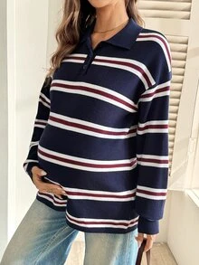 SHEIN كنزة شتوية للحوامل متعددة الاستخدامات بأزرار وفتحة نصفية مخططة بأكمام طويلة - متعدد الألوان - مشاهدة 3