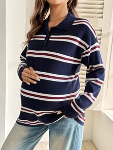 SHEIN كنزة شتوية للحوامل متعددة الاستخدامات بأزرار وفتحة نصفية مخططة بأكمام طويلة - متعدد الألوان - مشاهدة 4