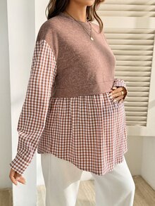 SHEIN بلوزة رياضية كاجوال للحوامل بتصميم مرقعات مربعات، ياقة دائرية، أكتاف منسدلة، أكمام طويلة، شتوية - متعدد الألوان - مشاهدة 3