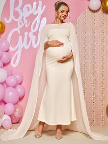 Loomaby Maternity Versatile Fitted Dress With Shawl Top 2 Pieces Set,Gender Reveal Dress,Maternity Dress,Baby Shower Dress - Apricot - View 10