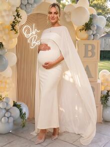 Loomaby Maternity Versatile Fitted Dress With Shawl Top 2 Pieces Set,Gender Reveal Dress,Maternity Dress,Baby Shower Dress - Apricot - View 6