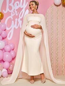 Loomaby Maternity Versatile Fitted Dress With Shawl Top 2 Pieces Set,Gender Reveal Dress,Maternity Dress,Baby Shower Dress - Apricot - View 14