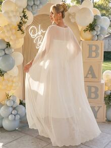Loomaby Maternity Versatile Fitted Dress With Shawl Top 2 Pieces Set,Gender Reveal Dress,Maternity Dress,Baby Shower Dress - Apricot - View 4