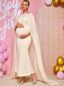 Loomaby Maternity Versatile Fitted Dress With Shawl Top 2 Pieces Set,Gender Reveal Dress,Maternity Dress,Baby Shower Dress - Apricot - View 7