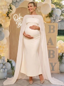 Loomaby Maternity Versatile Fitted Dress With Shawl Top 2 Pieces Set,Gender Reveal Dress,Maternity Dress,Baby Shower Dress - Apricot - View 5