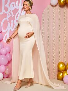 Loomaby Maternity Versatile Fitted Dress With Shawl Top 2 Pieces Set,Gender Reveal Dress,Maternity Dress,Baby Shower Dress - Apricot - View 11