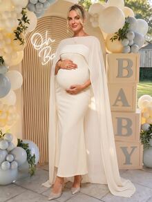 Loomaby Maternity Versatile Fitted Dress With Shawl Top 2 Pieces Set,Gender Reveal Dress,Maternity Dress,Baby Shower Dress - Apricot - View 3